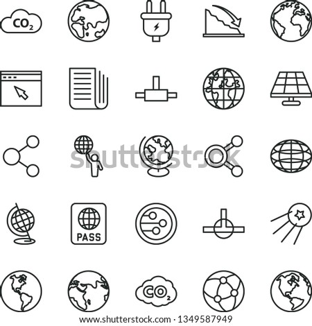 thin line vector icon set - sign of the planet vector, passport, solar panel, Earth, plug, CO2, carbon dyoxide, connection, connections, globe, recession, newspaper, network, browser, connect