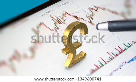 Financial and Technical Data Analysis Graph, tablet pen showing some data close up with 3D render sterling pound symbol