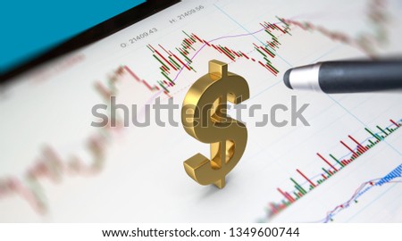 Financial and Technical Data Analysis Graph, tablet pen showing some data close up with 3D render dollar symbol