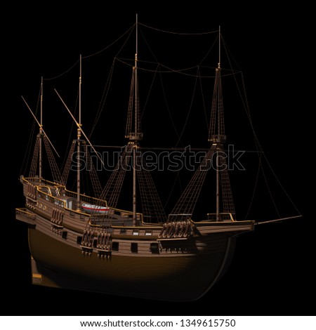 Sailing wooden old ship. 3d illustration on black