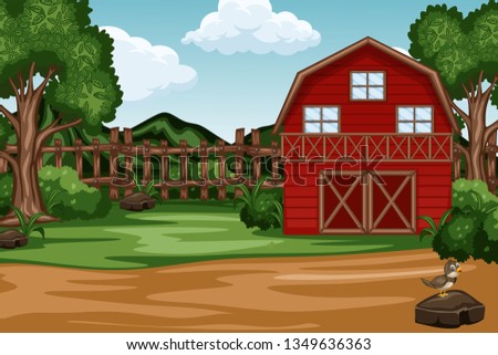 Cartoon Farm Scene with a Barn and Fence. Vector Illustration with a Small Nightingale Standing on the Stone