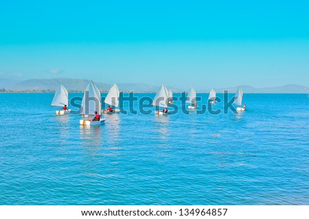 Sailing in Greece,Sail training of young children in Greek island Royalty-Free Stock Photo #134964857
