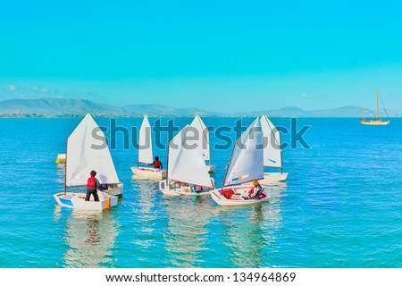 Sailing in Greece,Sail training of young children in Greek island Royalty-Free Stock Photo #134964869