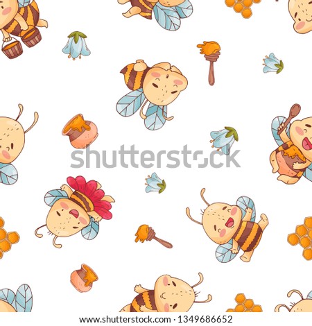 Seemless pattern with cute bee, flowers and hunny isolate on a white background. Vector art in cartoon sketch style.