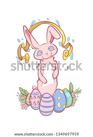 Happy Easter greeting card. Cute Rabbit With easter eggs. Vector illustration - Vector illustration