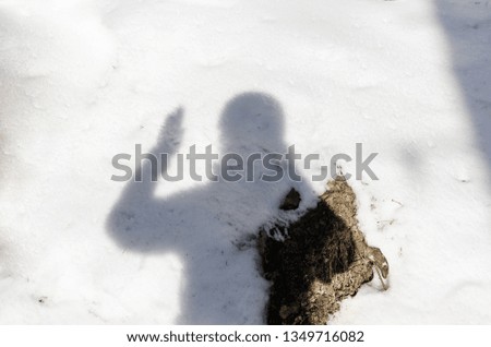 a photographer is taking a picture of his shadow and  waving with his hand on the snowed grownd. Winter season outdoors.  