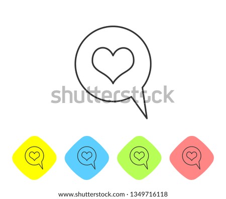 Grey Heart in speech bubble line icon isolated on white background. Heart shape in message bubble. Love sign. Valentines day symbol. Set icon in color rhombus buttons. Vector Illustration