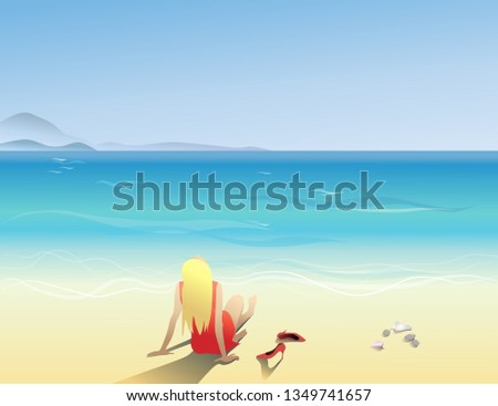 The girl in the sand sits on the beach. Tourism, travel. Vector illustration in flat style.