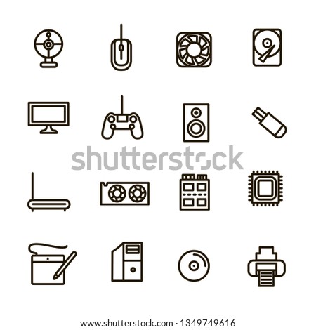 Computer Components Signs Black Thin Line Icon Set Include of Mouse, Processor, Monitor, Router, Chip, Hdd and Printer. Vector illustration