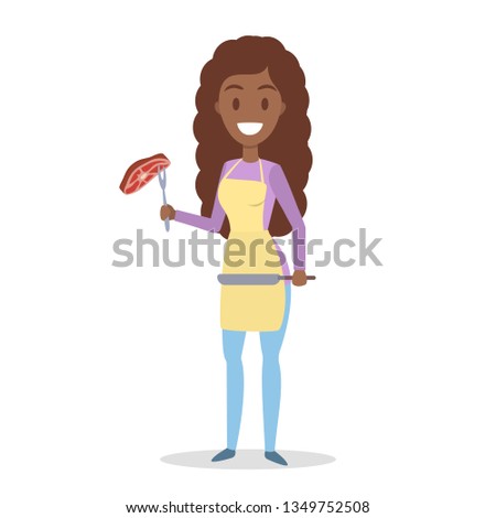 Beautiful housewife standing and holding meat with the fork. Young lady in yellow apron with tasty homemade dish. Isolated flat  illustration
