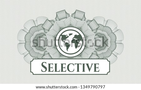 Green passport rosette with earth icon and Selective text inside