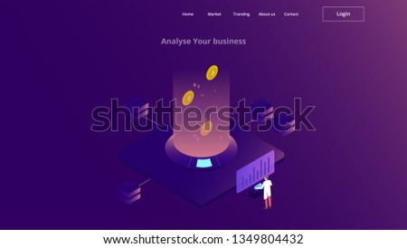 Cryptocurrency and blockchain isometric 3d with analysts data