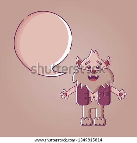 Cute Halloween postcard with a werewolf and speech bubble. Brown background. Flat linear style illustration. Vector.