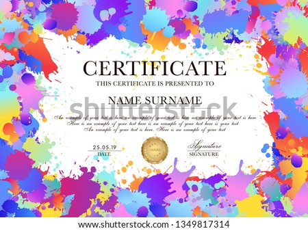Certificate, Diploma template with colorful pattern background (art paint drops, spots). Vector Rainbow blotch layout (different colors silhouette of splotches) useful for finishing art class, school 