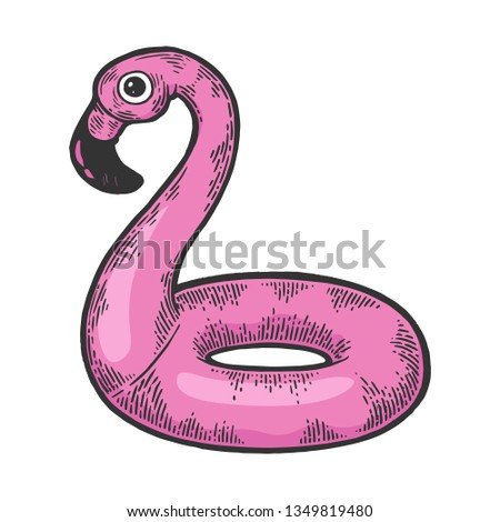 Flamingo swim beach ring color sketch engraving vector illustration. Scratch board style imitation. Hand drawn image.