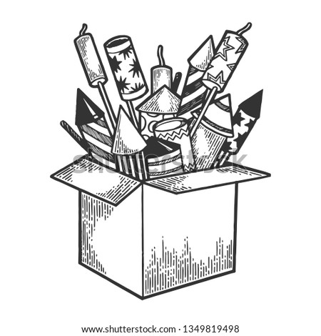 Box with fireworks rockets sketch engraving vector illustration. Scratch board style imitation. Hand drawn image.
