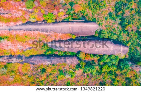 Aerial shot of three whales rock in Phu Sing Country park in Bungkarn, Thailand