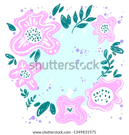 Floral text circle frame hand drawn flat layout. Decorative round border with vector blossom.  Postcard, invitation design