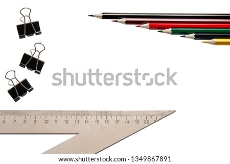 School supplies, stationery on white background - space for caption, top view
