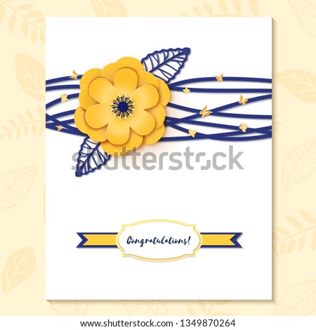 Paper cut design with flower composition on sheet. Beautiful background with paper fantasy floral decorations in blue and gold colour. Template greeting flyer, save the date card. illustration