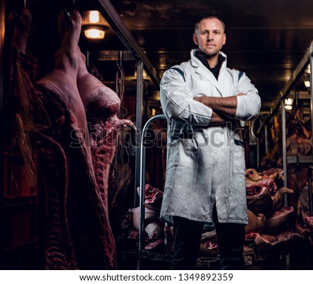 The butcher in workwear with his arms crossed in a refrigerated warehouse in the midst of meat carcasses