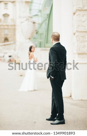 Beautiful picture of wedding couple standing separately , fiance is looking at his bride 