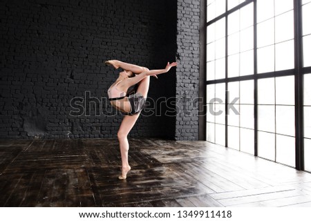 Girl gymnast, performs various gymnastic and fitness exercises. The concept of childhood and sport, a healthy lifestyle.