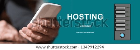 Hand holding mobil phone with hosting concept on background