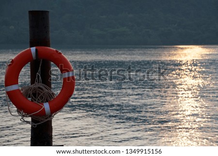 A red swim ring is hanging on a wooden pole with glitter sea in background