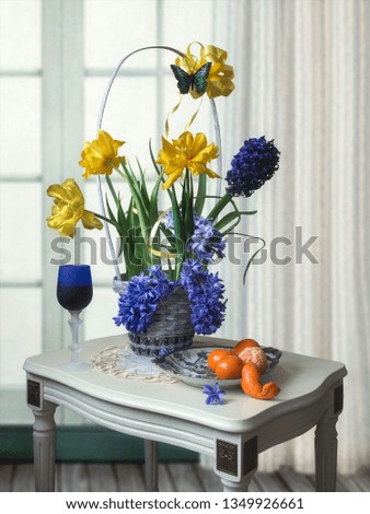 Still life with spring bouquet in the white interior