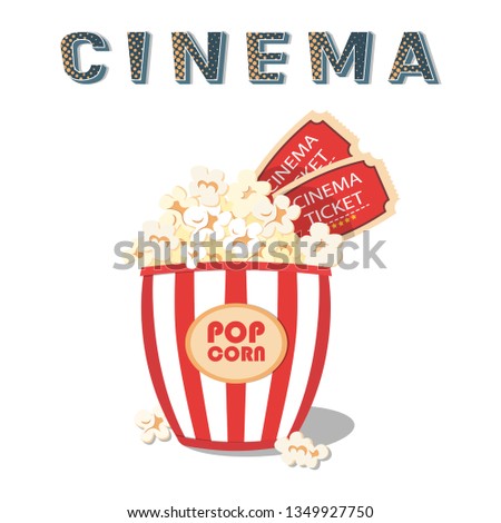 Striped bucket of popcorn and movie tickets. Popcorn and tickets isolated icon. Vector illustration.