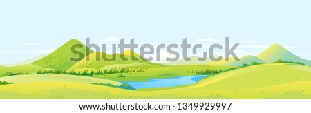 Big panorama of fields and meadows with spruce forest around mountain valley, summer countryside with green hills and river, summer sunny glades illustration Royalty-Free Stock Photo #1349929997