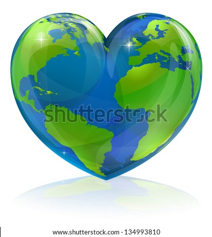 A conceptual illustration for loving the world, the globe in the shape of a love heart. Could be used for environmental or travel and tourism related themes.