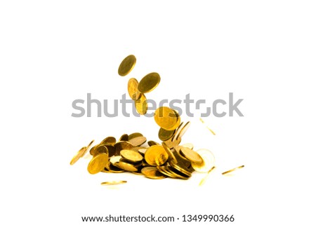 Movement of falling gold coin, flying coin, rain money isolated on white background, business and financial wealth and take profit concept idea.