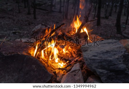 Small camp fire at dusk in the mountains of Tennessee