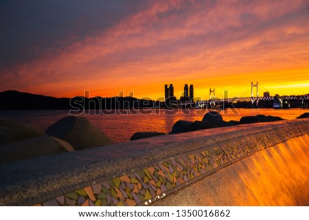Gwangan bridge and sea, twilight sunset view in Busan, Korea