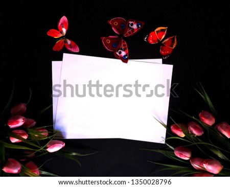 beautiful black frame with white center, two bouquets of tulips in the corners and three pink and red butterflies