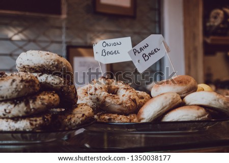Close up of a variety of bagels on sale, selective focus.