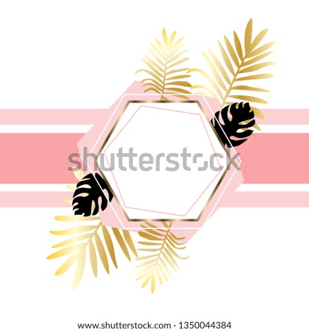 Trendy background with tropical leaves palm, monstera plant and geometric shapes of various texture. Elegant backdrop decorated with frame made of foliage of exotic plants. Vector cute copy space.