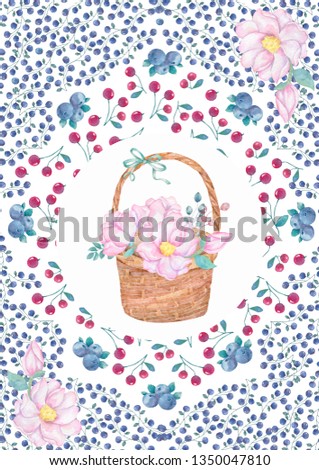 Watercolor wooden basket of flowers hand drawn illustration plate basket clip art on white background