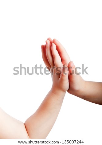 Children's hands close-up on white background