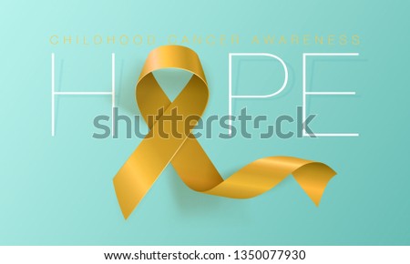 Hope. Childhood Cancer Awareness Calligraphy Poster Design. Realistic Gold Ribbon. September is Cancer Awareness Month. Vector