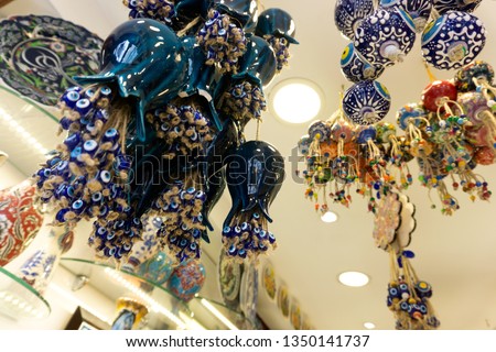 accessories art handmade in the bazaar. Lamps design with gold light. 