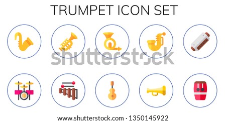 trumpet icon set. 10 flat trumpet icons.  Simple modern icons about  - saxophone, drum set, xylophone, horn, instrument, harmonica, conga