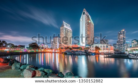 Harbor view of down town San Diego during blue hour with a glimpse of sea port village on the left