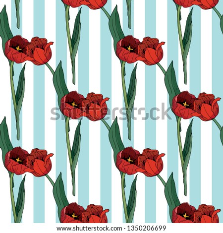 Seamless pattern with red tulips. Endless pattern with flowers on light blue and white striped background