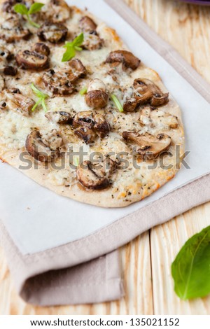 flavored lavash with vegetables and mushrooms, closeup