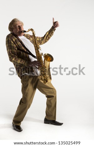 Portrait of a saxophonist on a white background