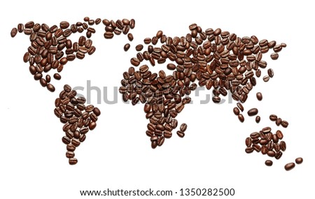 Creative concept photo of world map made of roasted coffee beans drink beverage showing that people drink coffee worldwide on white background.
