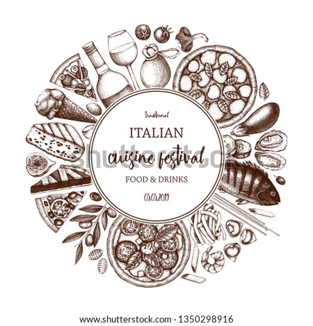 Italian food and drinks art. Vintage Pizza illustration.  Engraved style design with vector drawing for logo, icon, label, packaging, poster. Festival menu template. 